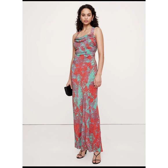 Banana Republic Matte Cowl-Neck Backless Maxi Dress 16 Tall 100% Silk Pink Blue - Picture 1 of 13